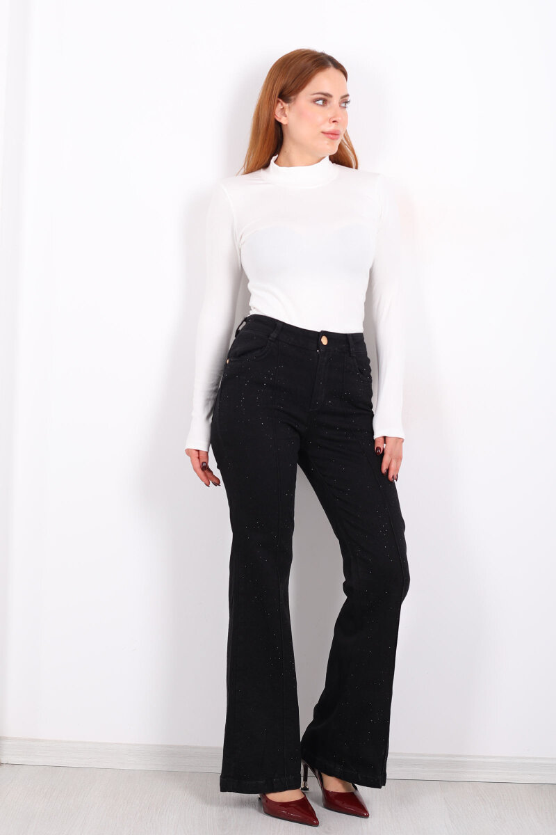 Taşlı Çimalı İspanyol Paça Siyah Kadın Pantolon - 1