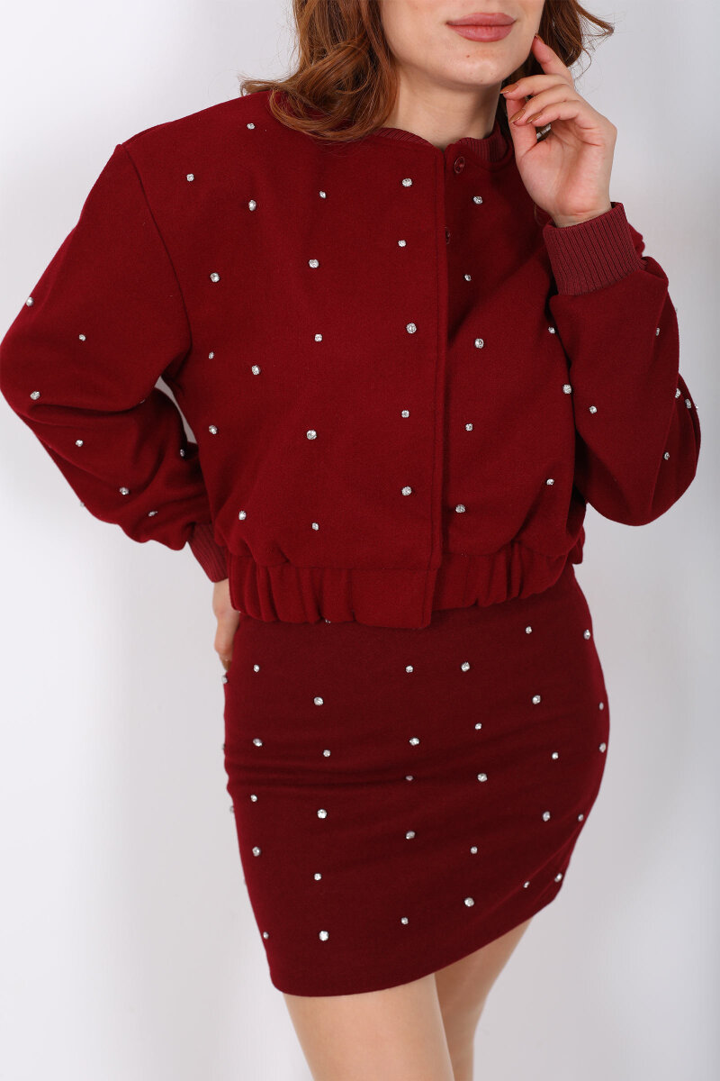 Taşlı Kaşe Bordo Kadın Bomber Ceket - 2