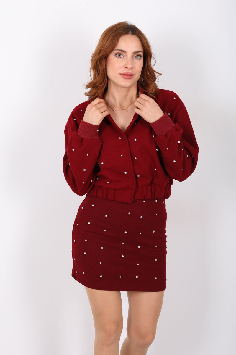 Taşlı Kaşe Bordo Kadın Bomber Ceket - 3