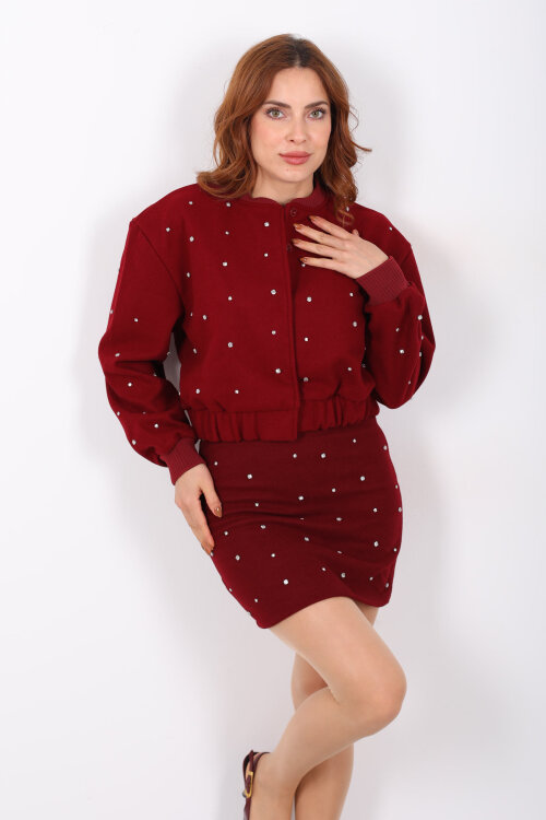 Taşlı Kaşe Bordo Kadın Bomber Ceket - Berox