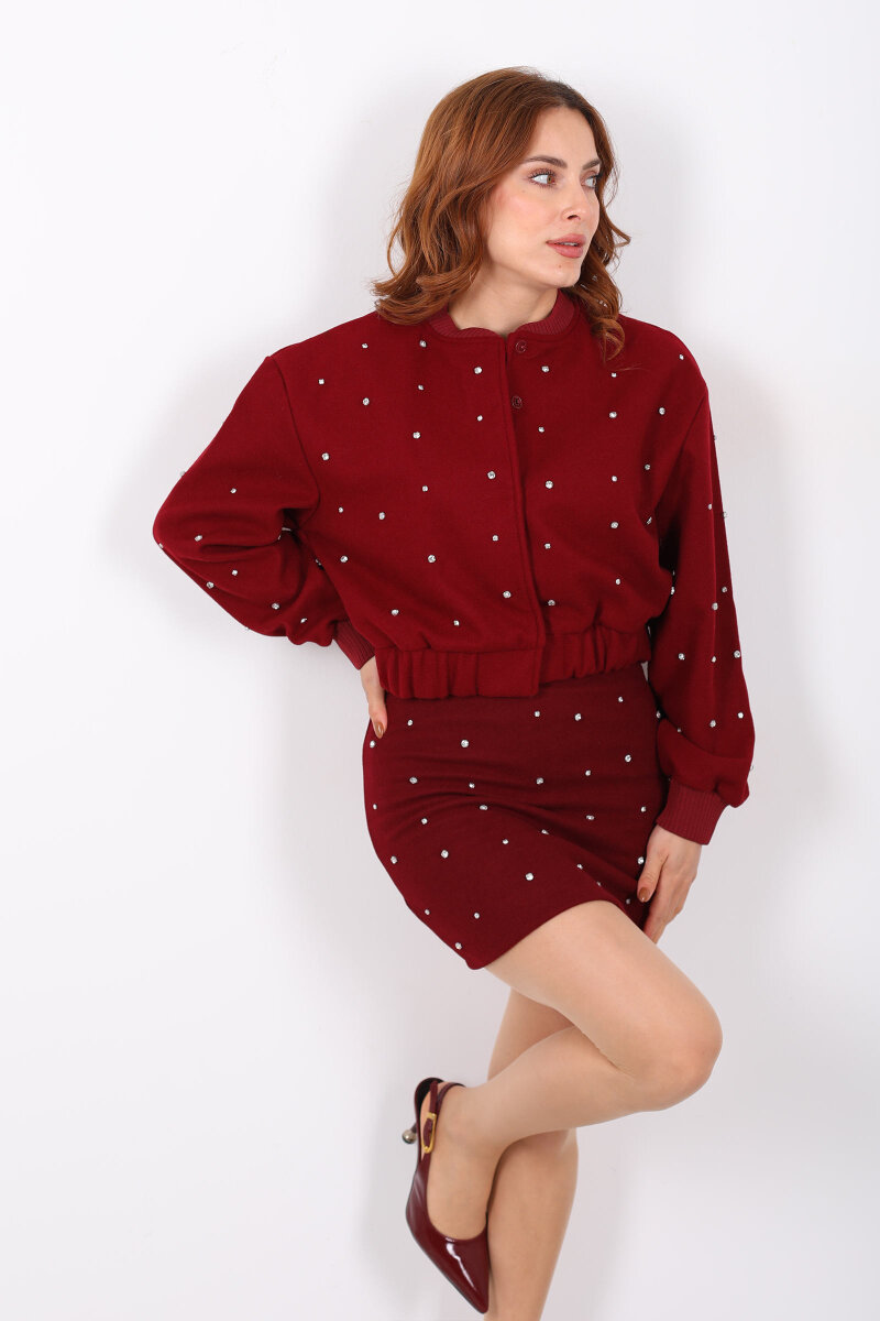 Taşlı Kaşe Bordo Kadın Bomber Ceket - 5