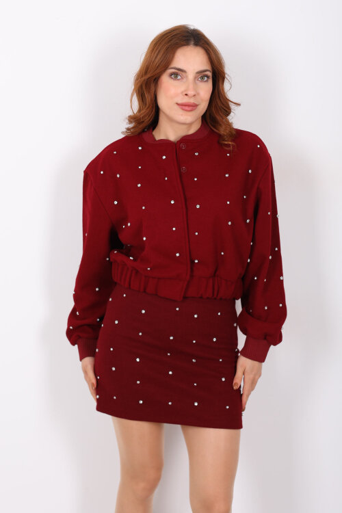 Taşlı Kaşe Bordo Kadın Bomber Ceket - 6