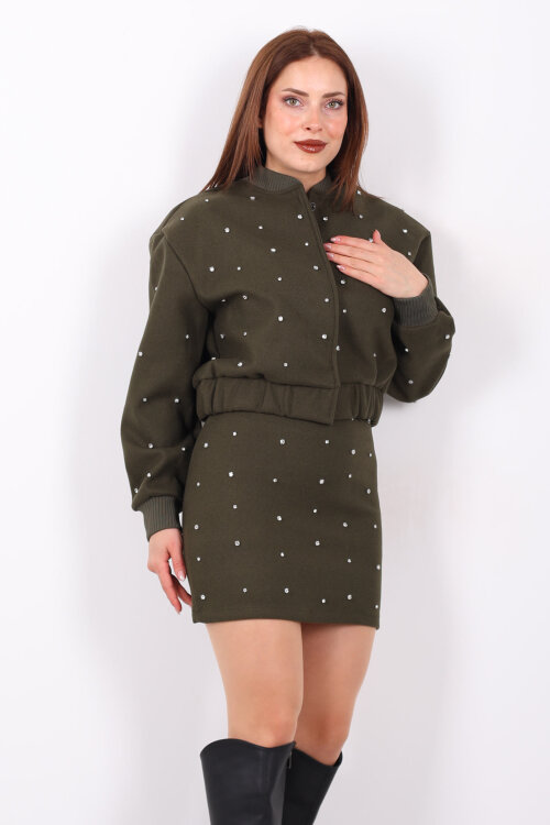 Taşlı Kaşe Haki Kadın Bomber Ceket - 6