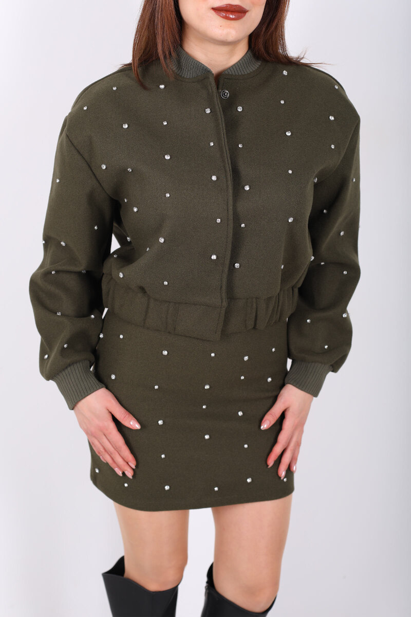 Taşlı Kaşe Haki Kadın Bomber Ceket - 2