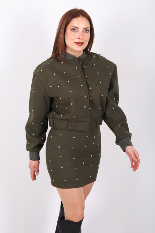 Taşlı Kaşe Haki Kadın Bomber Ceket - Berox