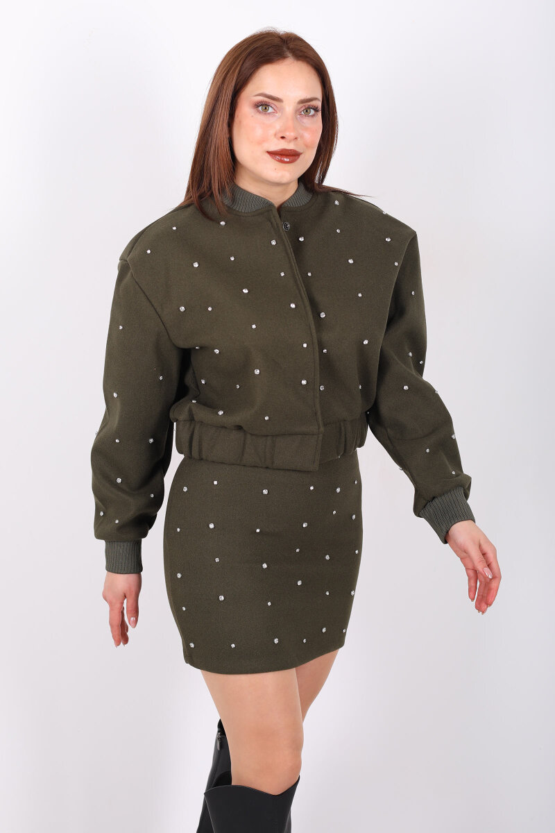 Taşlı Kaşe Haki Kadın Bomber Ceket - 1