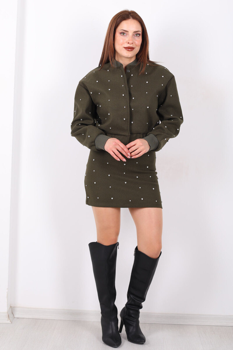 Taşlı Kaşe Haki Kadın Bomber Ceket - 3