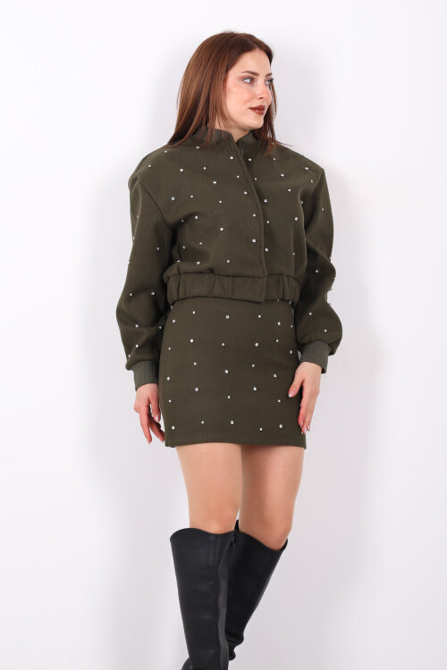 Taşlı Kaşe Haki Kadın Bomber Ceket - 4