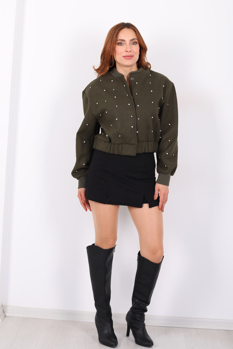 Taşlı Kaşe Haki Kadın Bomber Ceket - 4