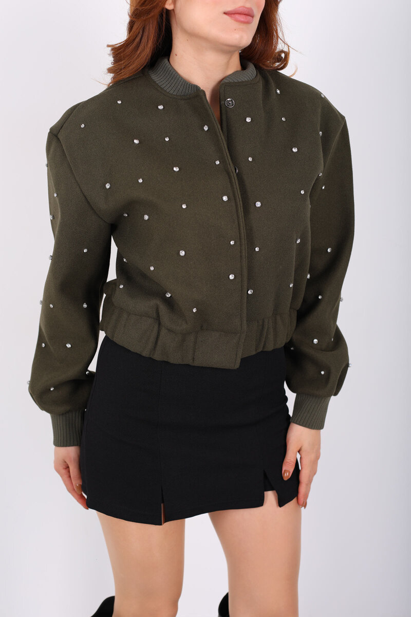 Taşlı Kaşe Haki Kadın Bomber Ceket - 2