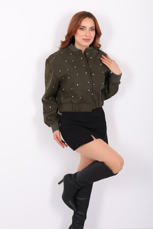 Taşlı Kaşe Haki Kadın Bomber Ceket - 7