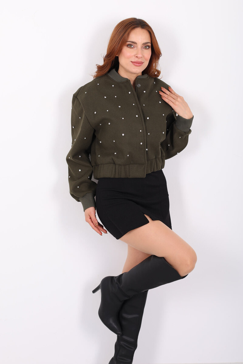Taşlı Kaşe Haki Kadın Bomber Ceket - 7