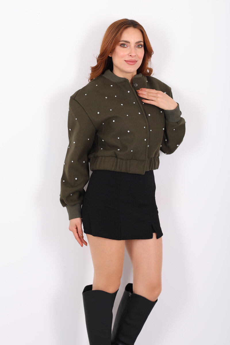 Taşlı Kaşe Haki Kadın Bomber Ceket - 3