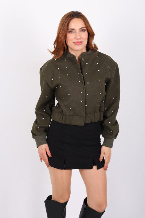 Taşlı Kaşe Haki Kadın Bomber Ceket - 5