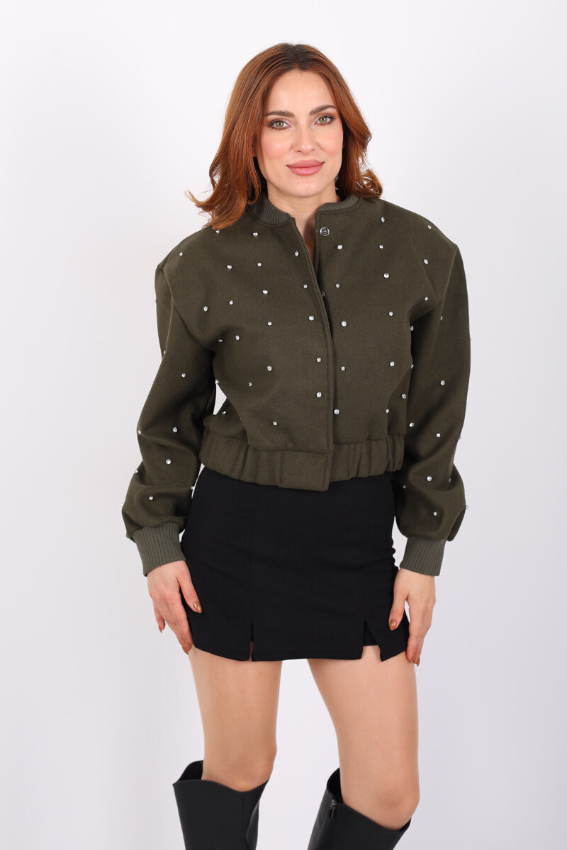 Taşlı Kaşe Haki Kadın Bomber Ceket - 5