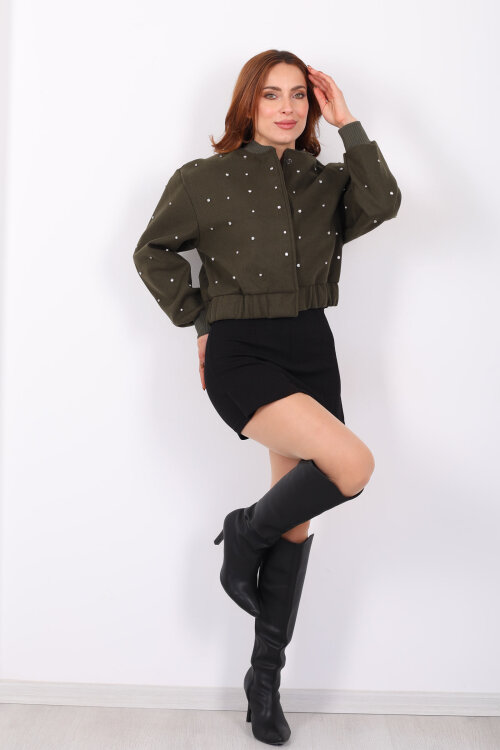 Taşlı Kaşe Haki Kadın Bomber Ceket - Berox