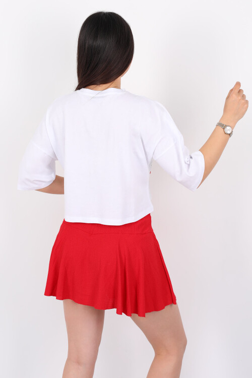 Taşlı Kiraz Baskılı Kısa Kol Beyaz Kadın Oversize T-Shirt - 5
