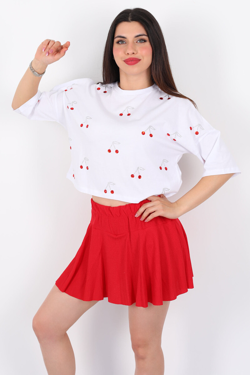 Taşlı Kiraz Baskılı Kısa Kol Beyaz Kadın Oversize T-Shirt - 4