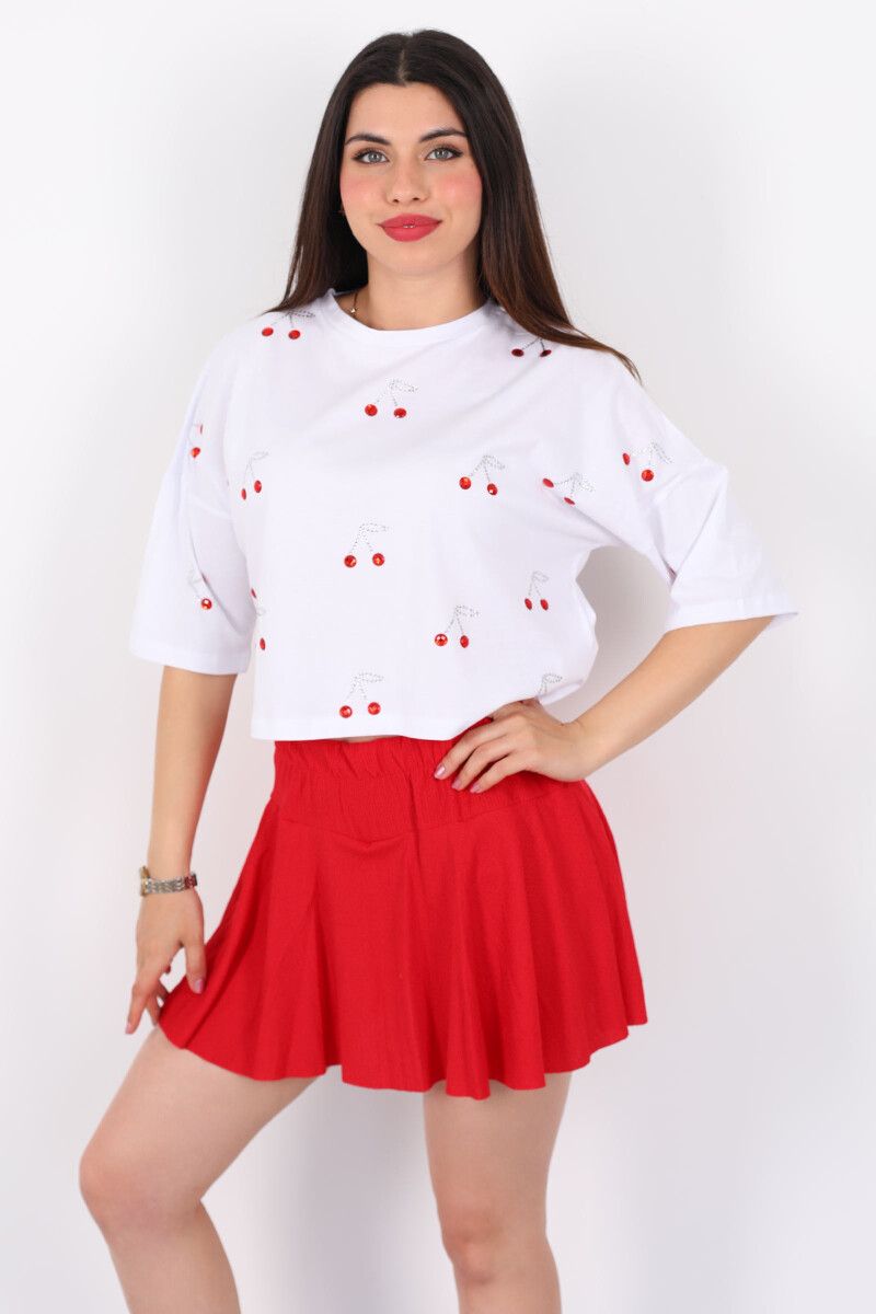 Taşlı Kiraz Baskılı Kısa Kol Beyaz Kadın Oversize T-Shirt - 3