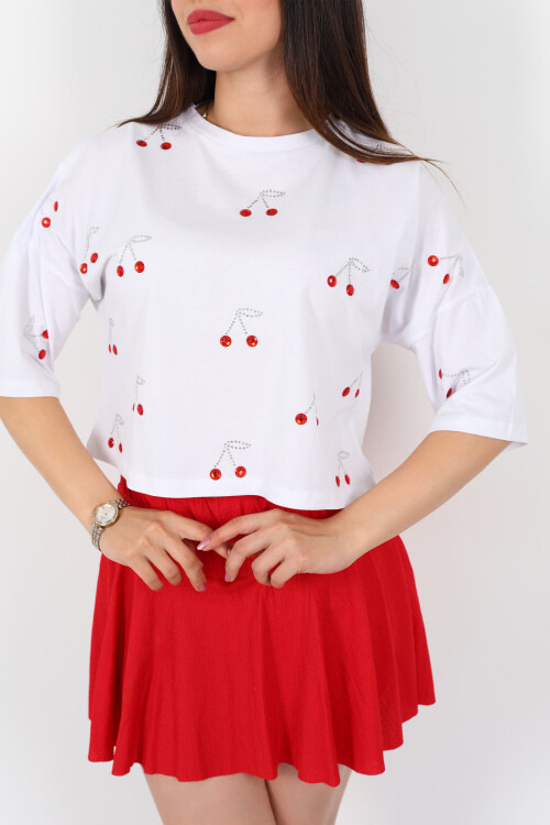 Taşlı Kiraz Baskılı Kısa Kol Beyaz Kadın Oversize T-Shirt - 2