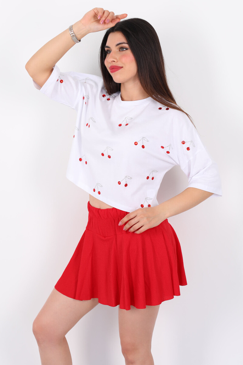 Taşlı Kiraz Baskılı Kısa Kol Beyaz Kadın Oversize T-Shirt - 1
