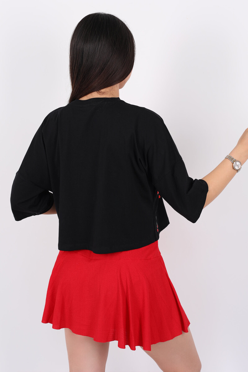 Taşlı Kiraz Baskılı Kısa Kol Siyah Kadın Oversize T-Shirt - 5