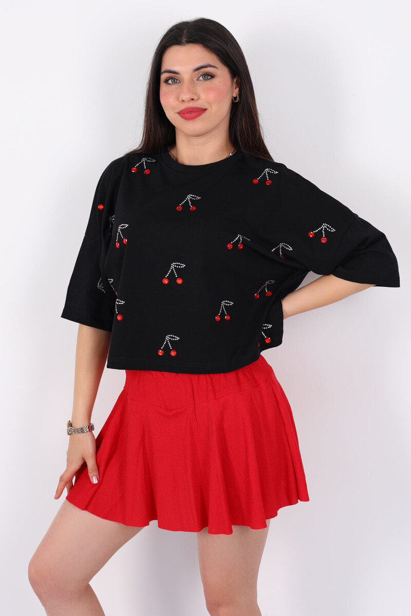 Taşlı Kiraz Baskılı Kısa Kol Siyah Kadın Oversize T-Shirt - 4