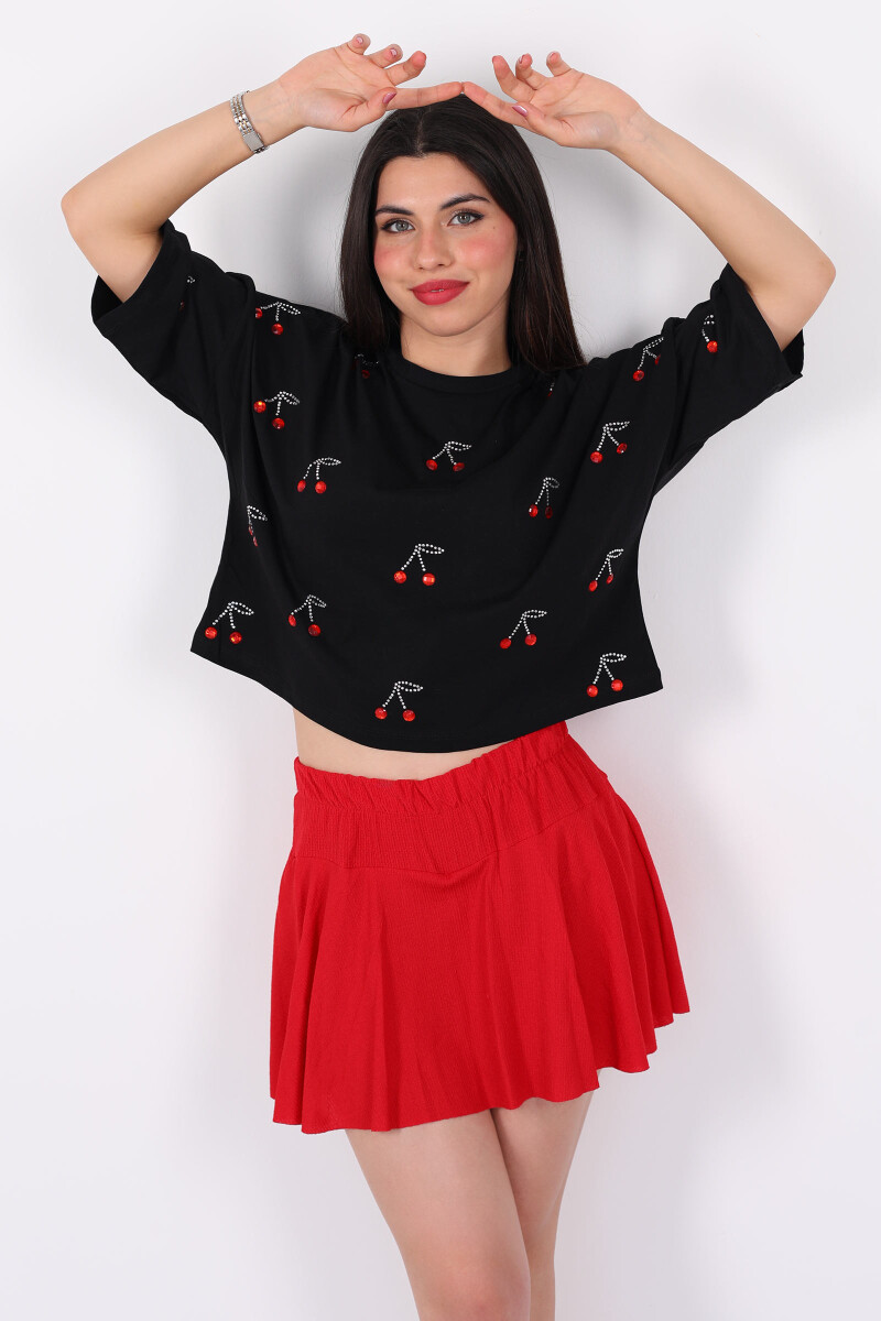 Taşlı Kiraz Baskılı Kısa Kol Siyah Kadın Oversize T-Shirt - 3