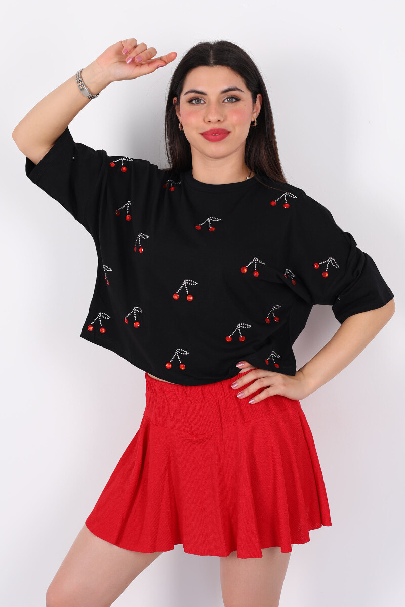 Taşlı Kiraz Baskılı Kısa Kol Siyah Kadın Oversize T-Shirt - 1