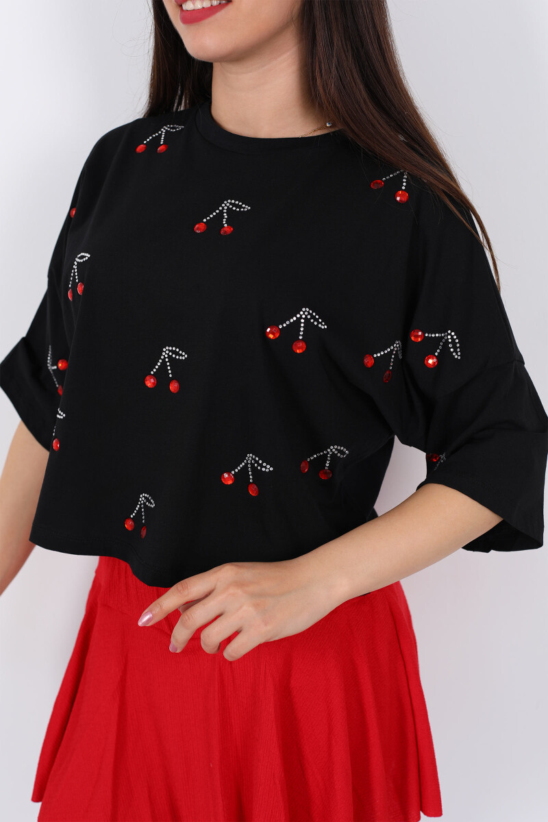 Taşlı Kiraz Baskılı Kısa Kol Siyah Kadın Oversize T-Shirt - 2