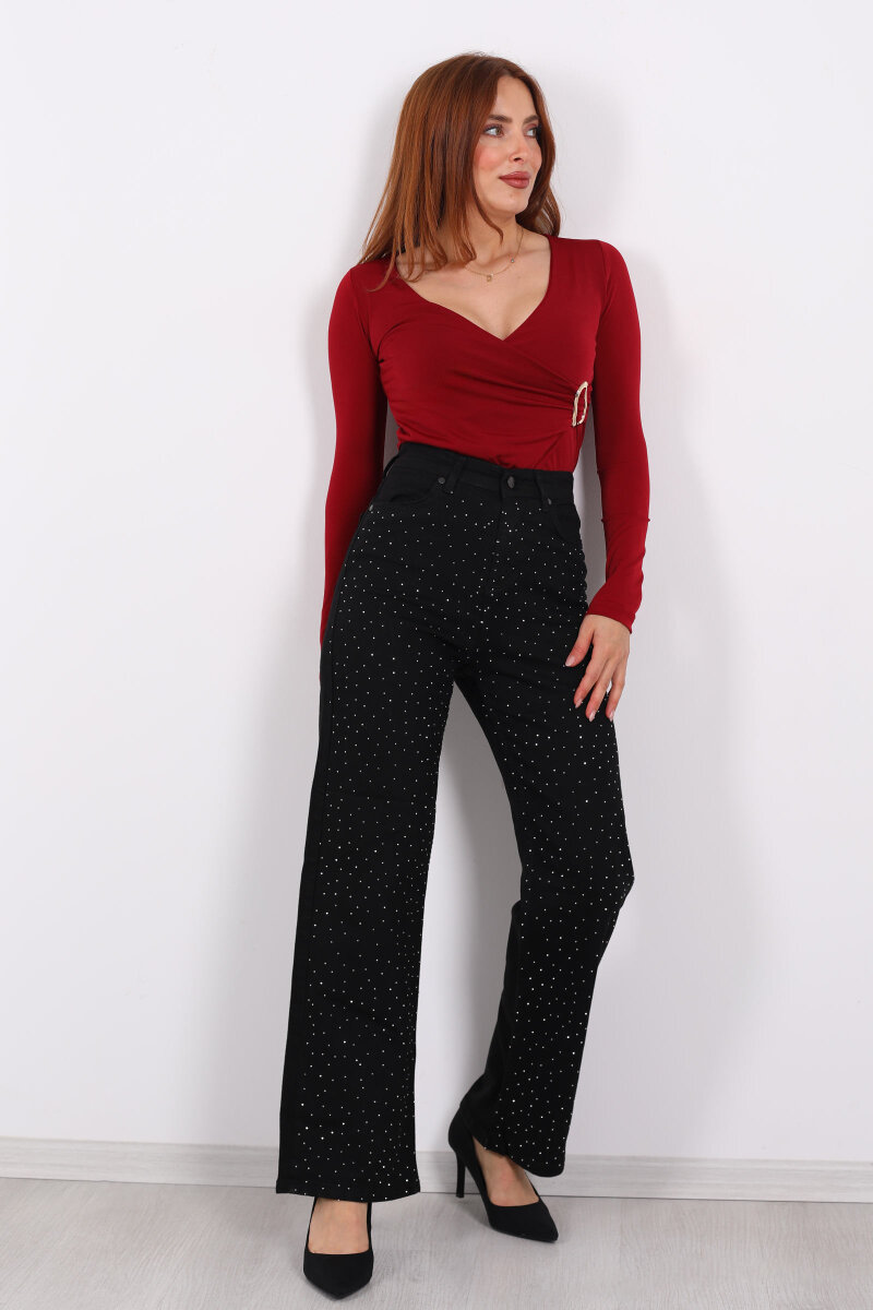 Taşlı Palazzo Siyah Kadın Kot Pantolon - 4