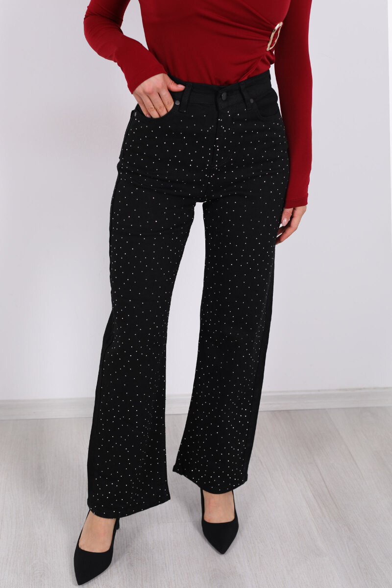 Taşlı Palazzo Siyah Kadın Kot Pantolon - 2