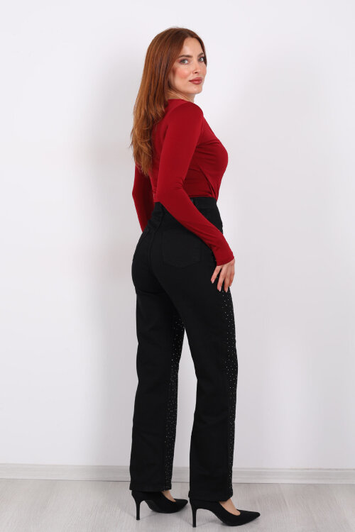 Taşlı Palazzo Siyah Kadın Kot Pantolon - 6