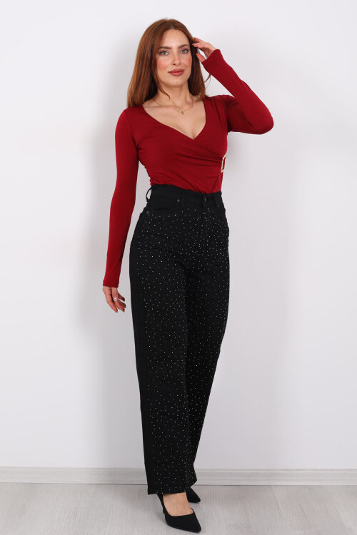 Taşlı Palazzo Siyah Kadın Kot Pantolon - 3