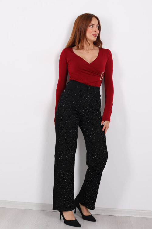 Taşlı Palazzo Siyah Kadın Kot Pantolon - 7