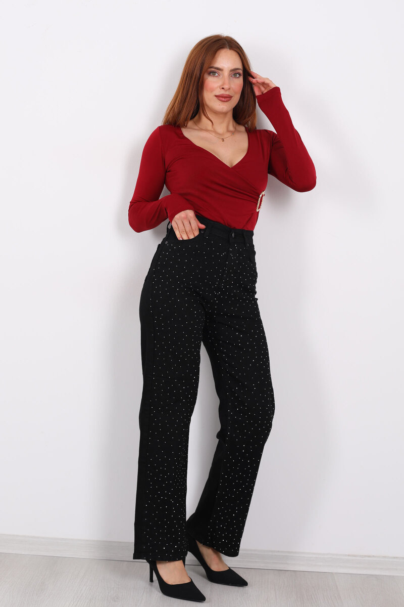 Taşlı Palazzo Siyah Kadın Kot Pantolon - 1