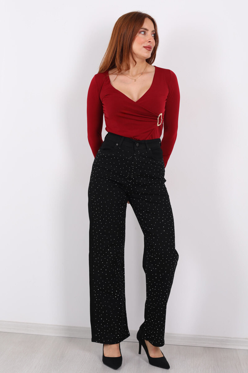 Taşlı Palazzo Siyah Kadın Kot Pantolon - 5