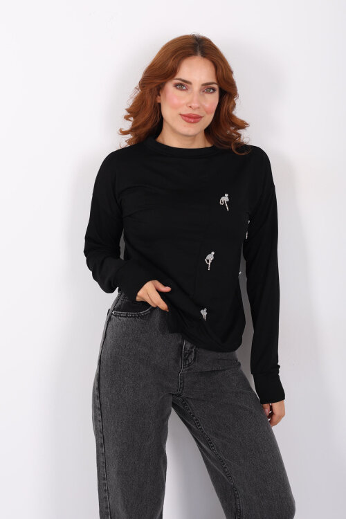 Taşlı Parçalı Siyah Kadın Bluz - Berox