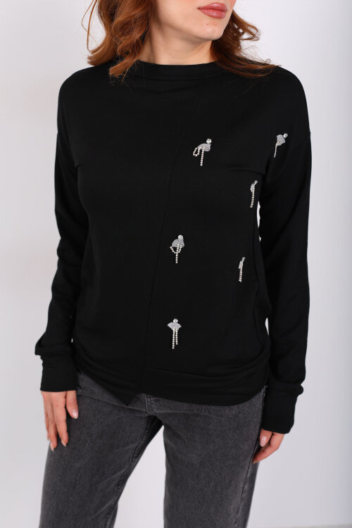 Taşlı Parçalı Siyah Kadın Bluz - Berox (1)