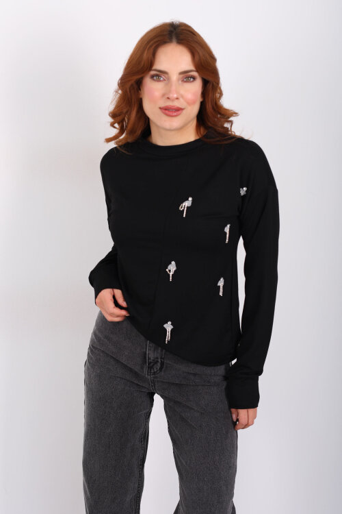 Taşlı Parçalı Siyah Kadın Bluz - 6