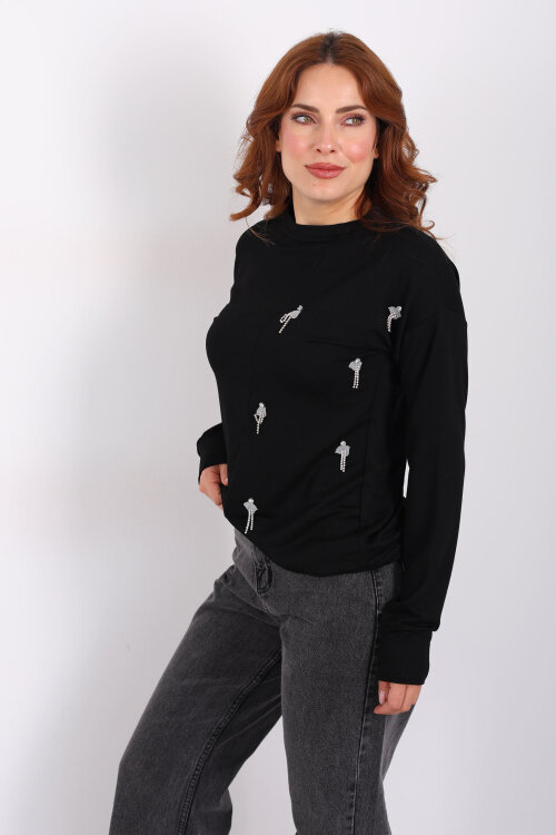 Taşlı Parçalı Siyah Kadın Bluz - 3