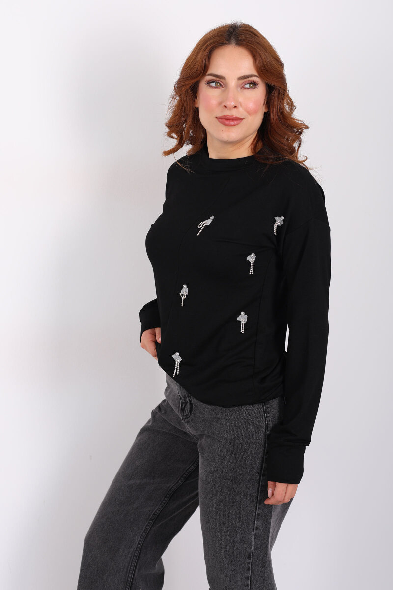 Taşlı Parçalı Siyah Kadın Bluz - 3
