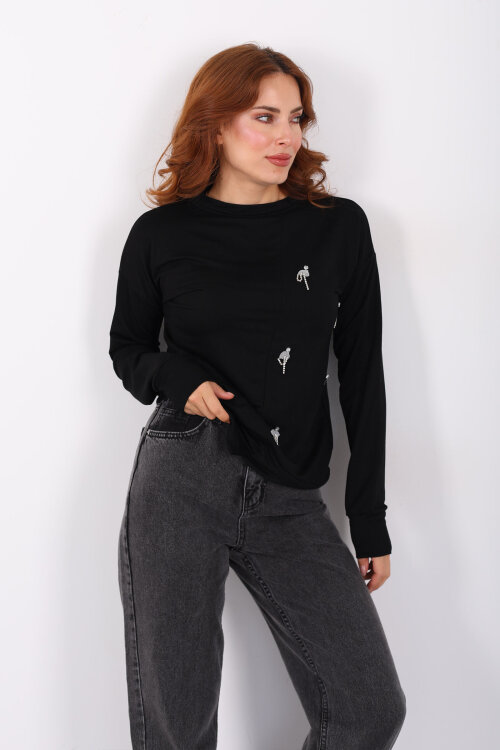 Taşlı Parçalı Siyah Kadın Bluz - 4