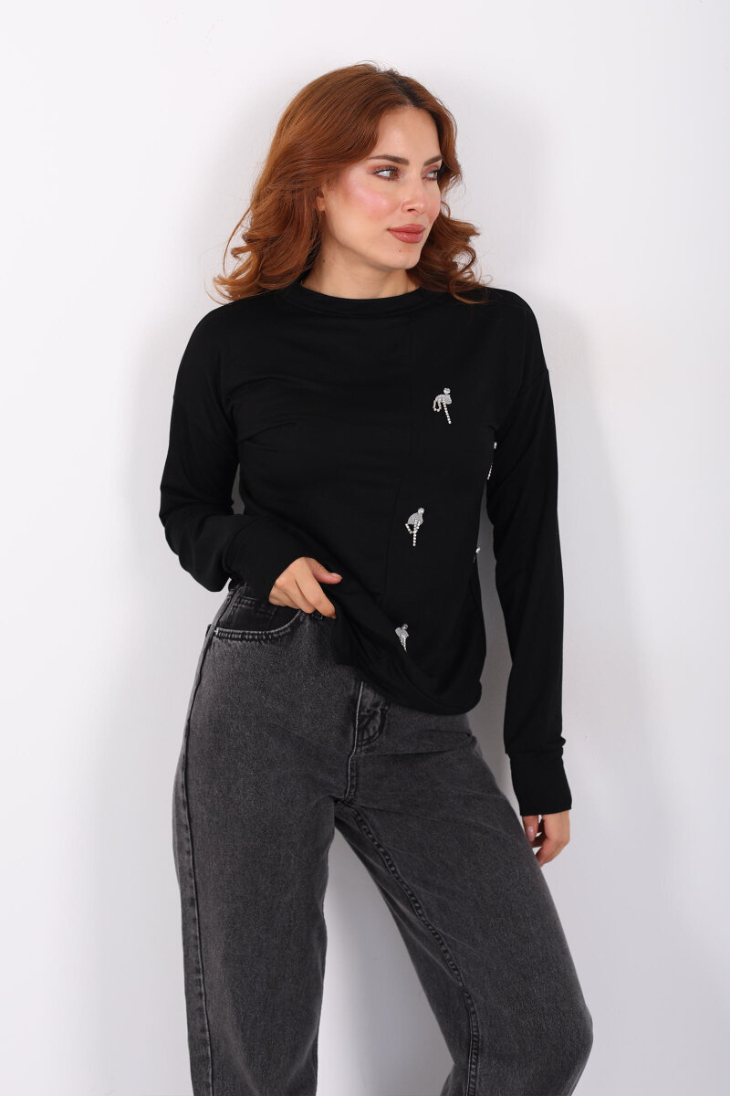 Taşlı Parçalı Siyah Kadın Bluz - 4