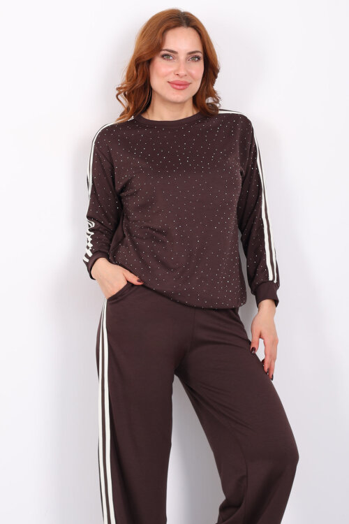 Taşlı Şerit Detaylı Kadın Kahverengi Takım - 6