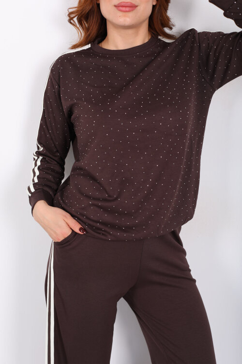 Taşlı Şerit Detaylı Kadın Kahverengi Takım - Berox (1)