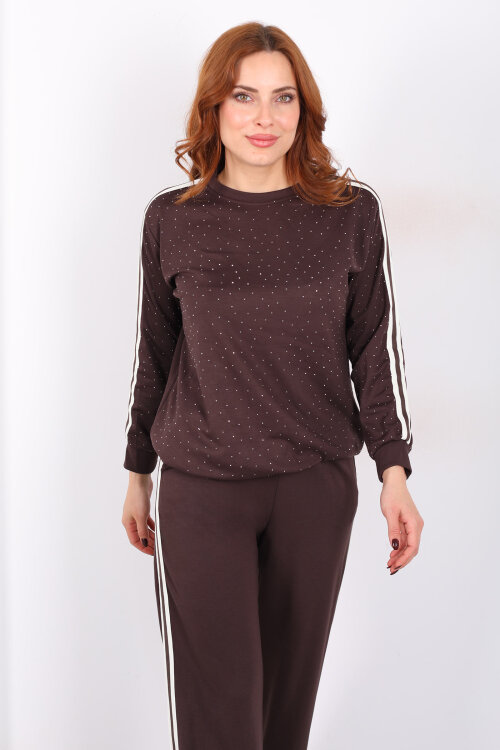 Taşlı Şerit Detaylı Kadın Kahverengi Takım - 4