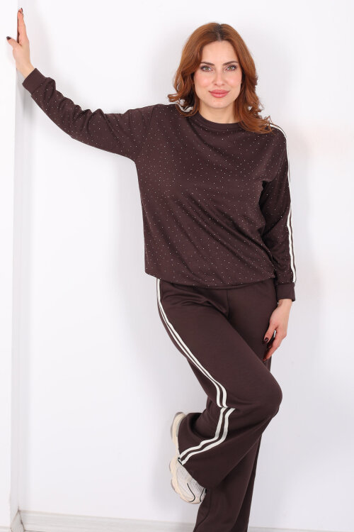 Taşlı Şerit Detaylı Kadın Kahverengi Takım - Berox