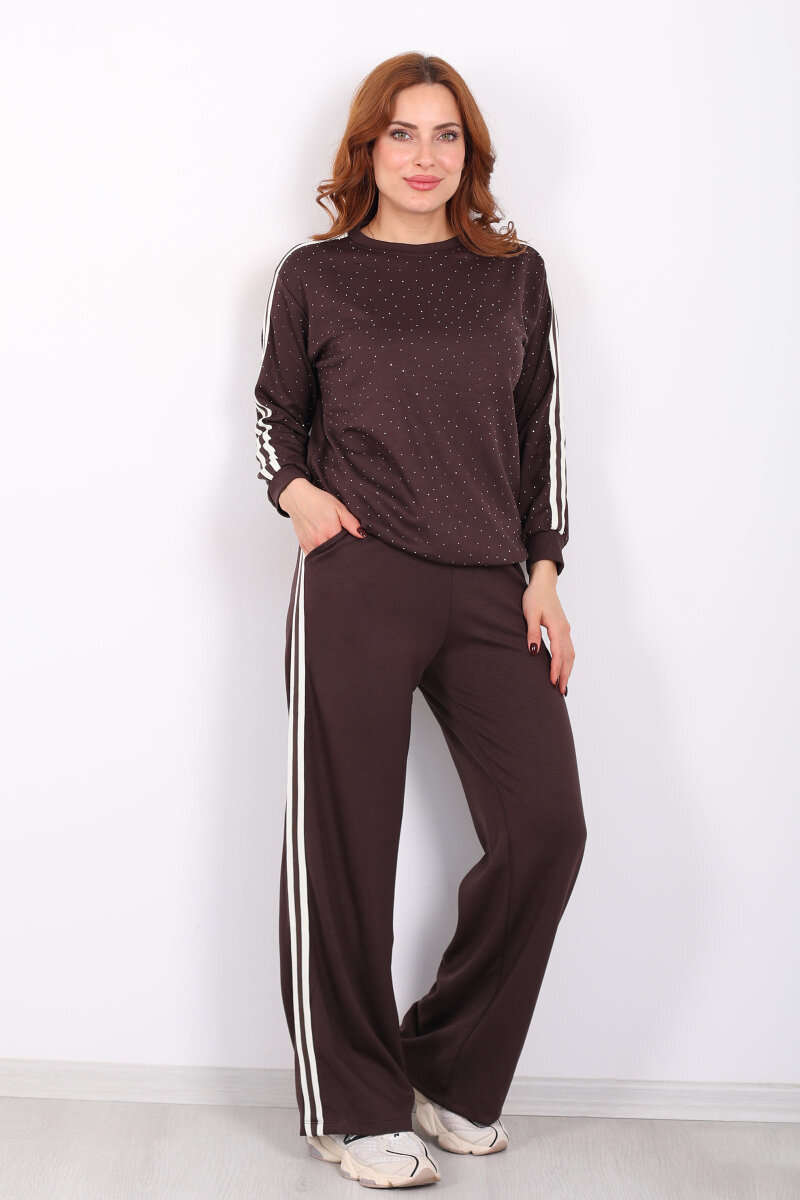 Taşlı Şerit Detaylı Kadın Kahverengi Takım - 3