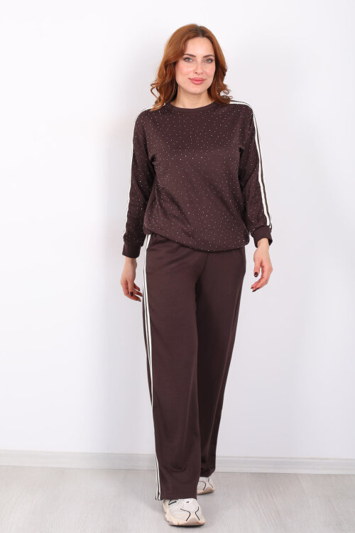 Taşlı Şerit Detaylı Kadın Kahverengi Takım - 7